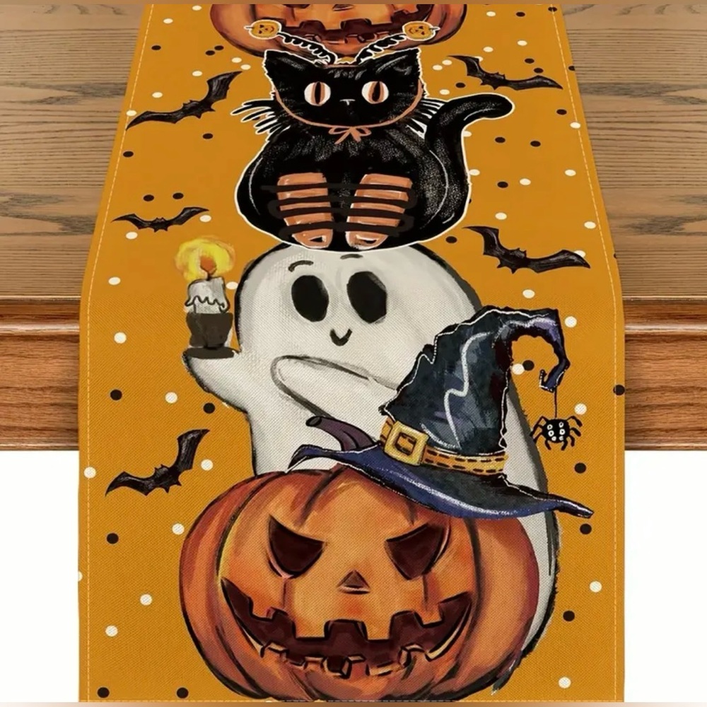 Halloween table runner design cat, with pumpkin, ghost 13x90 inches